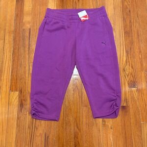 NEW Puma Women Large Capri Sweat Pants Purple Ruched Hem Athletic Athleisure
